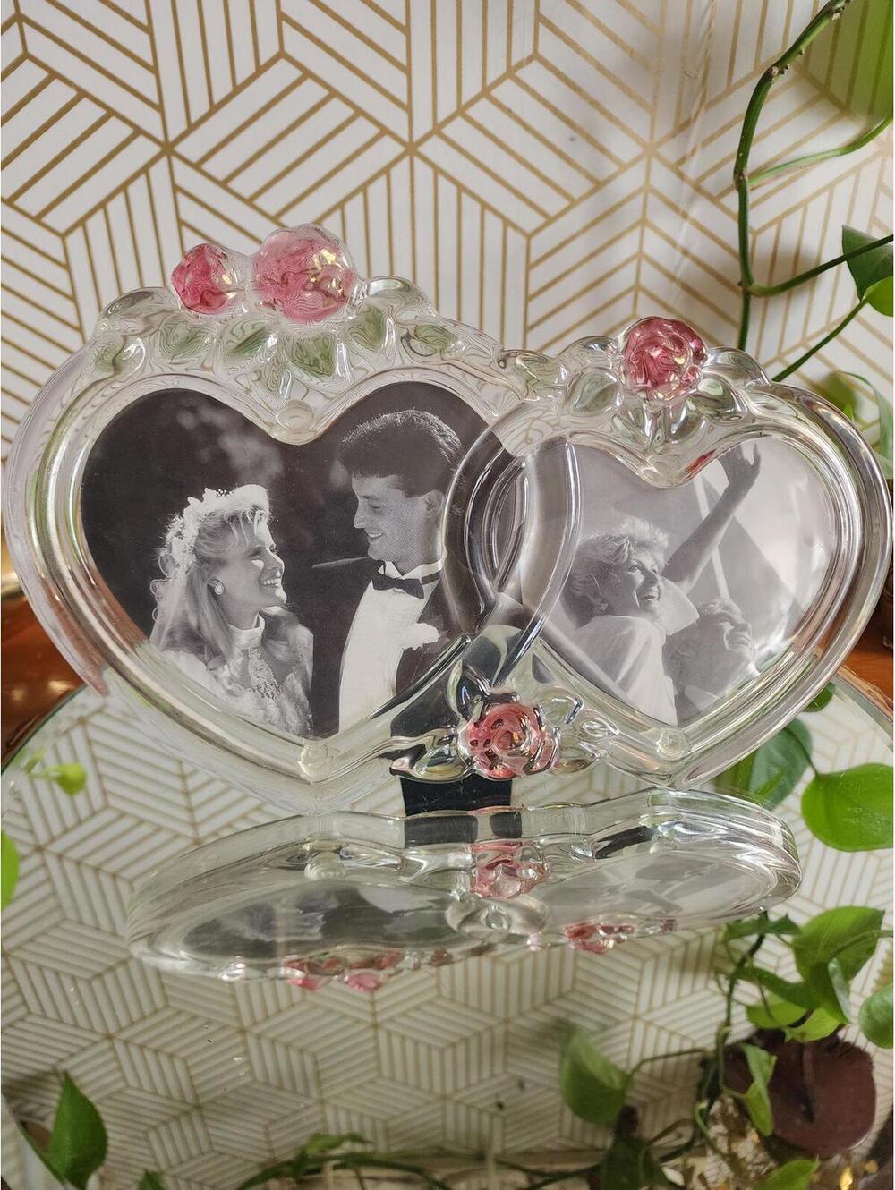 Vintage Mikasa Lead Crystal Intertwined Heart Pink Rose Double Picture Frame
